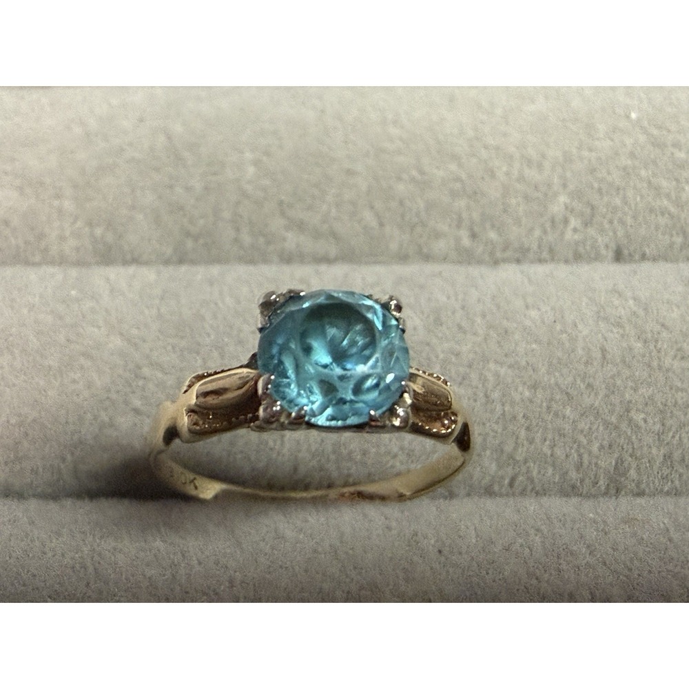 Vintage 10K Yellow Gold Marked OB Blue Topaz Solitaire Ring Sz 5.25 5 1/4